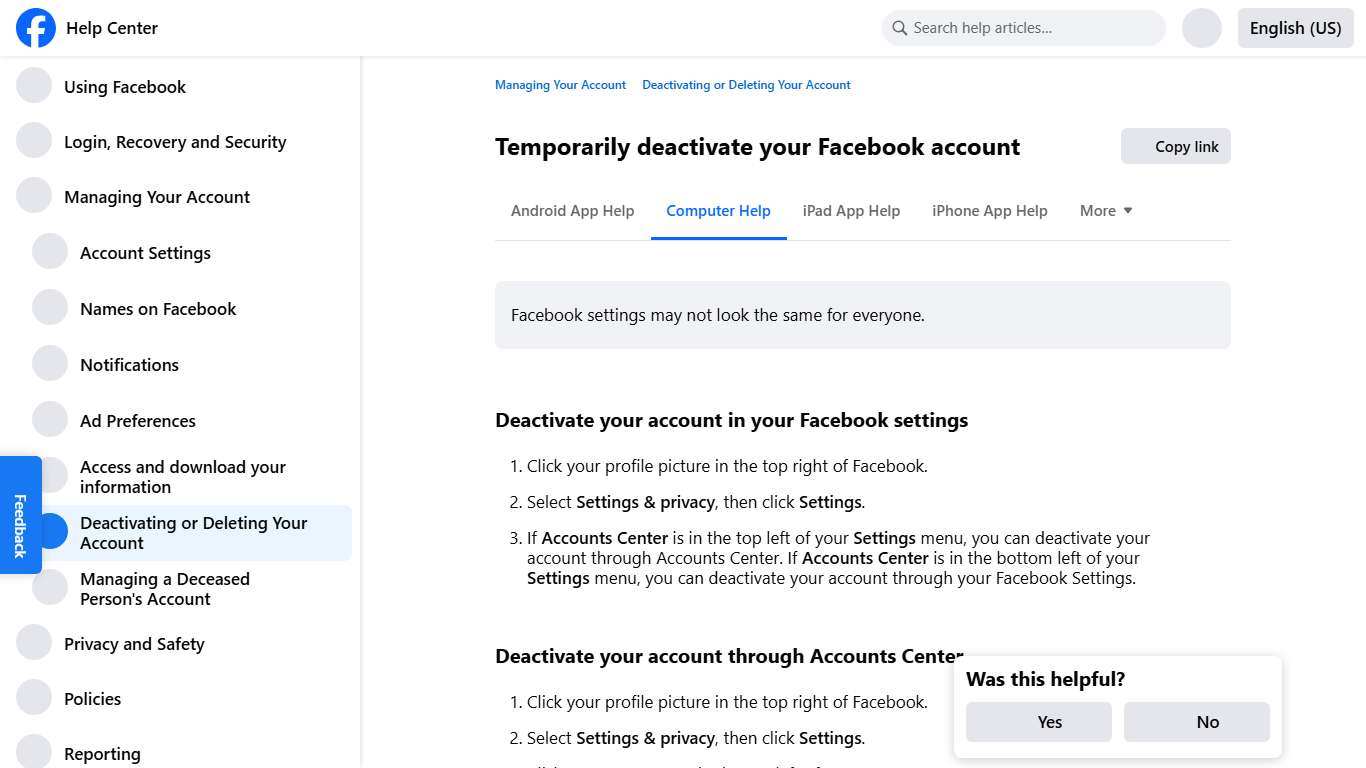 Temporarily deactivate your Facebook account Facebook Help Center